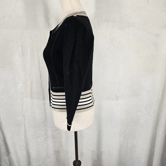 White House Black Market Sweater Womens XS Black Striped Knit Cardigan Metallic - Picture 2 of 10